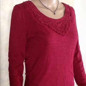 Lucky Brand Bias Lace Neckline Burgundy Red LS Top